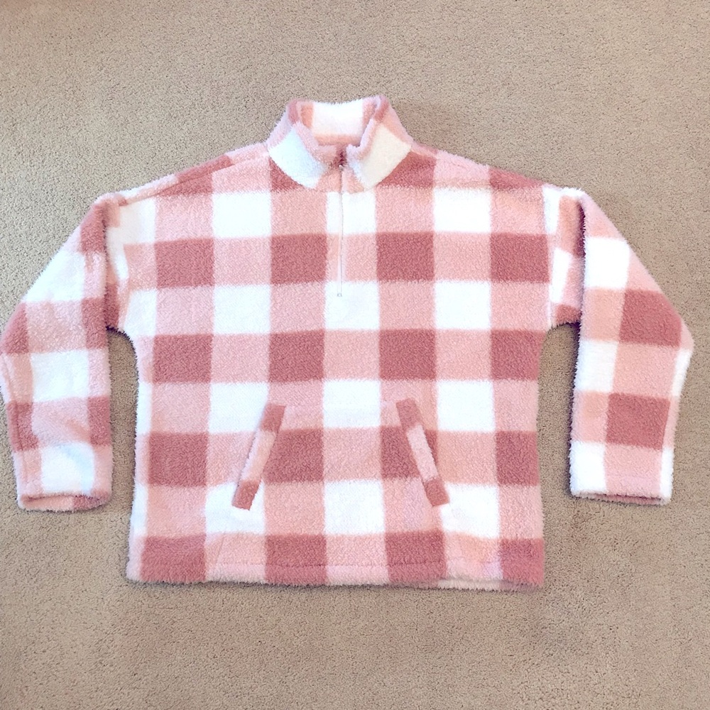 Teddy Bear Faux Fur Plush Sweater Size Large Peach White Checker Board Oversized